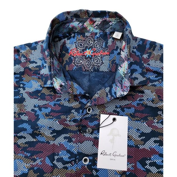 Robert Graham NWT Blue Shirt Contrast Shortsleeve Button Medium - Picture 2 of 4